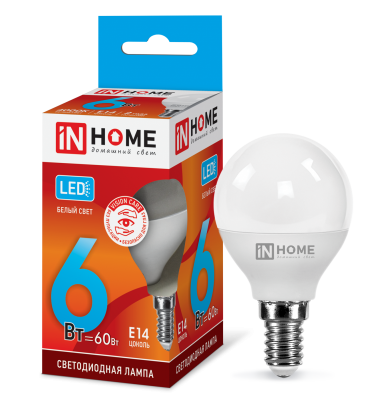 6Вт 4000К Е14 лампа светодиодная IN HOME LED-ШАР-VC 230В 540Лм