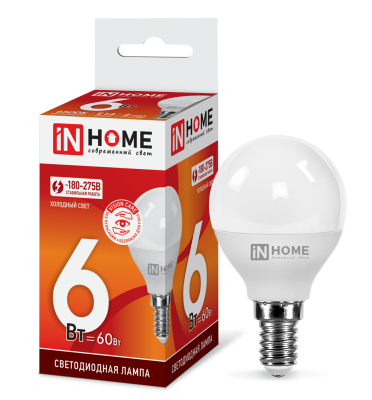 6Вт 6500К Е14 лампа светодиодная IN HOME LED-ШАР-VC 230В 540Лм