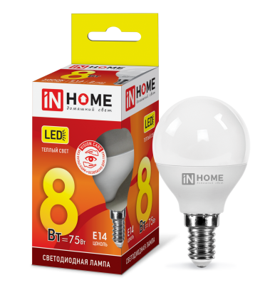 8Вт 3000К Е14 лампа светодиодная IN HOME LED-ШАР-VC 230В 720Лм