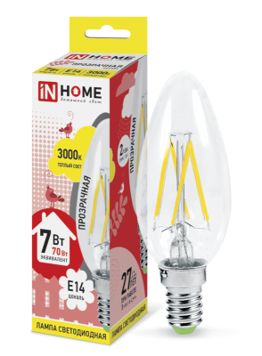7Вт 3000К Е14 лампа светодиодная IN HOME LED-СВЕЧА-deco 230В 630Лм прозрачная