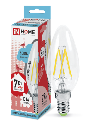 7Вт 4000К Е14 лампа светодиодная IN HOME LED-СВЕЧА-deco 230В 630Лм прозрачная