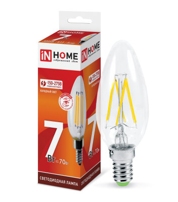 7Вт 6500К Е14 лампа светодиодная IN HOME LED-СВЕЧА-deco 230В 630Лм прозрачная
