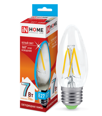 7Вт 4000К Е27 лампа светодиодная IN HOME LED-СВЕЧА-deco 230В 630Лм прозрачная