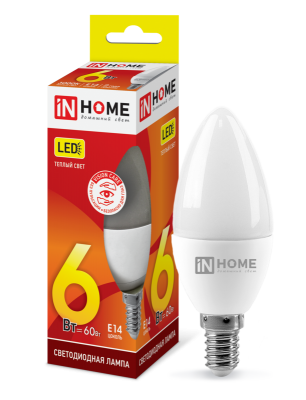 6Вт 3000К Е14 лампа светодиодная IN HOME LED-СВЕЧА-VC 230В 540Лм