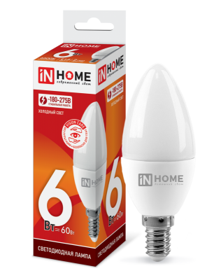 6Вт 6500К Е14 лампа светодиодная IN HOME LED-СВЕЧА-VC 230В 540Лм