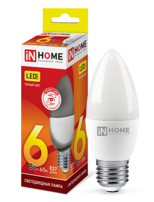 6Вт 3000К Е27 лампа светодиодная IN HOME LED-СВЕЧА-VC 230В 540Лм