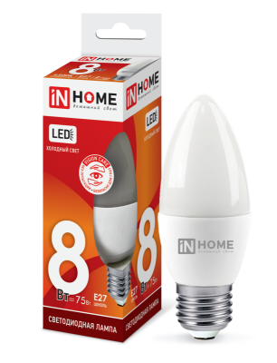 8Вт 6500К Е27 лампа светодиодная IN HOME LED-СВЕЧА-VC 230В 720Лм