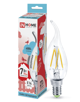 7Вт 4000К Е14 лампа светодиодная IN HOME LED-СВЕЧА НА ВЕТРУ-deco 230В 630Лм