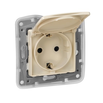 Розетка силовая Legrand Etika 2K+3 IP44 с крышкой, со шторками, слоновая кость 672332